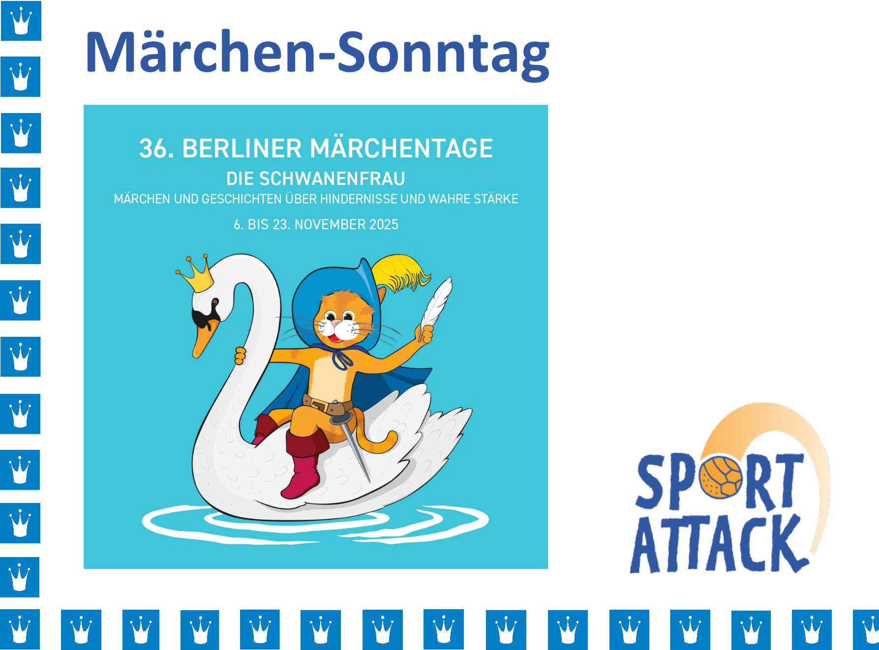Ankündigung Märchen-Sonntag mit Logo der Berliner Märchentag 2025: Schwan mit dem gestiefelten Kater auf dem Rücken.